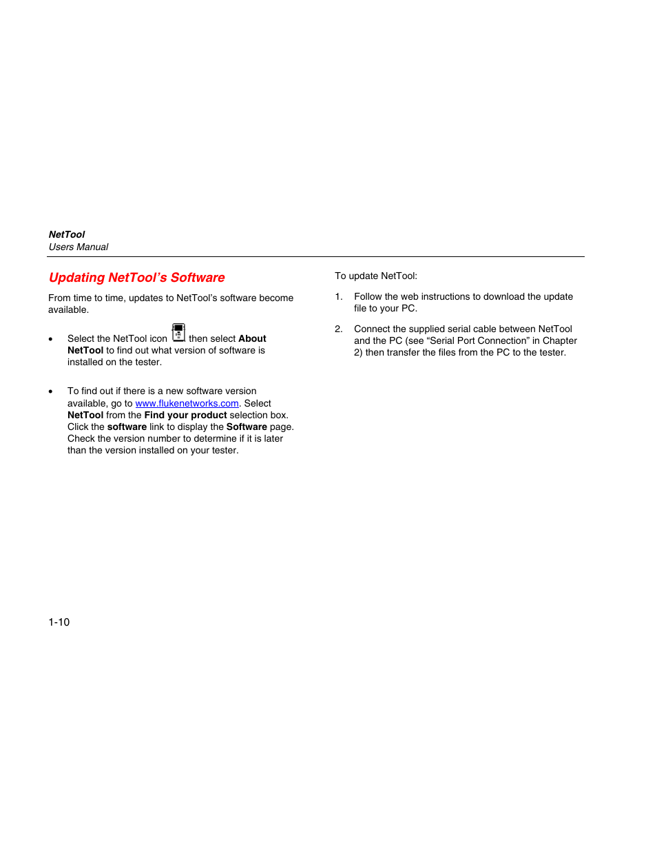 Updating nettool's software, Updating nettool’s software | Fluke Network Tester User Manual | Page 22 / 102