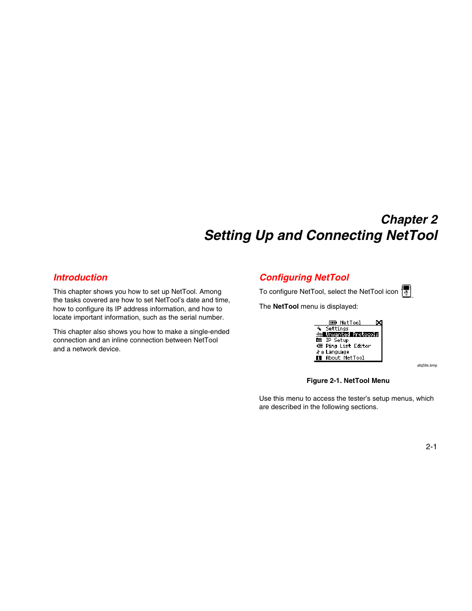 Setting up and connecting nettool, Introduction, Configuring nettool | Chapter 2 | Fluke Network Tester User Manual | Page 23 / 102