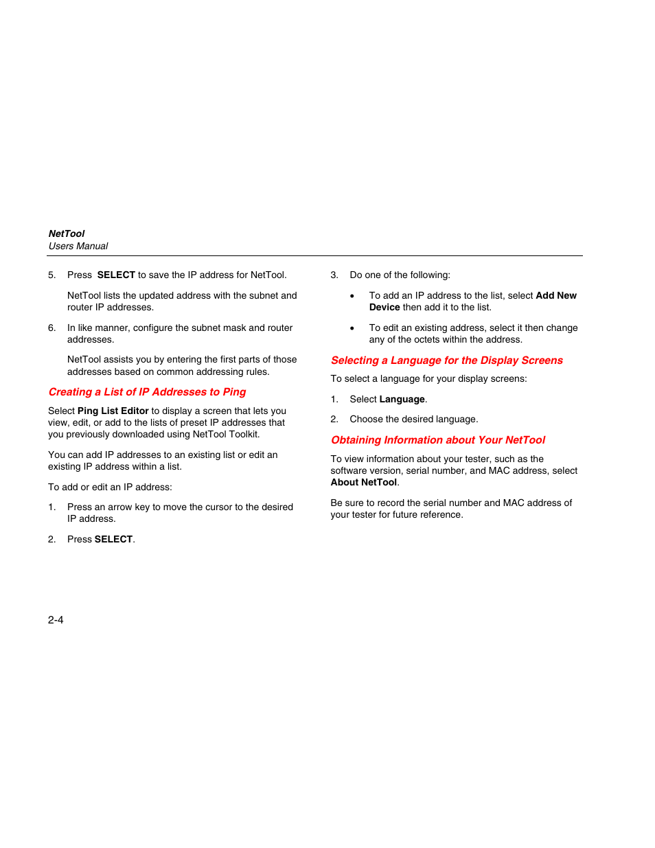 Creating a list of ip addresses to ping, Selecting a language for the display screens, Obtaining information about your nettool | Fluke Network Tester User Manual | Page 26 / 102