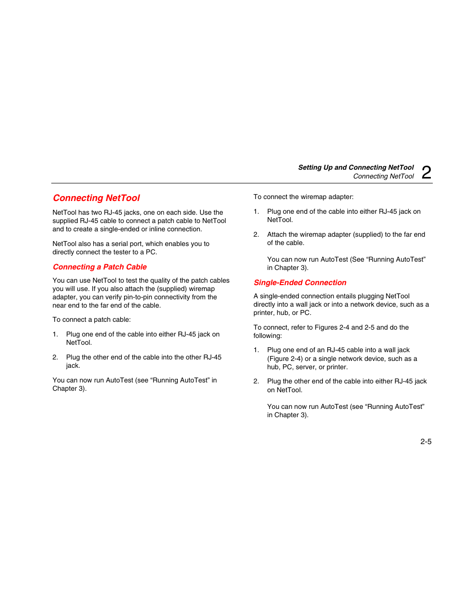 Connecting nettool, Connecting a patch cable, Single-ended connection | Fluke Network Tester User Manual | Page 27 / 102