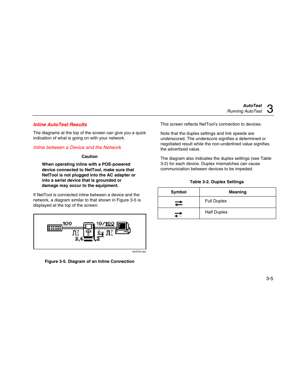 Inline autotest results, Inline between a device and the network | Fluke Network Tester User Manual | Page 35 / 102