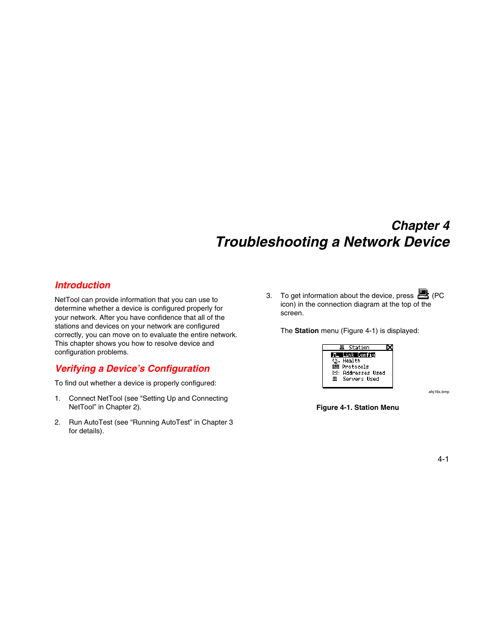 Troubleshooting a network device, Introduction, Verifying a device's configuration | Chapter 4 | Fluke Network Tester User Manual | Page 39 / 102