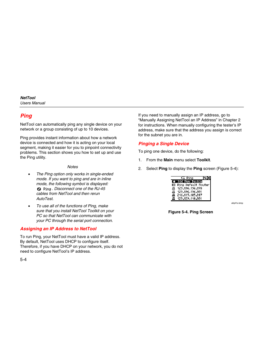 Ping, Assigning an ip address to nettool, Pinging a single device | Fluke Network Tester User Manual | Page 50 / 102