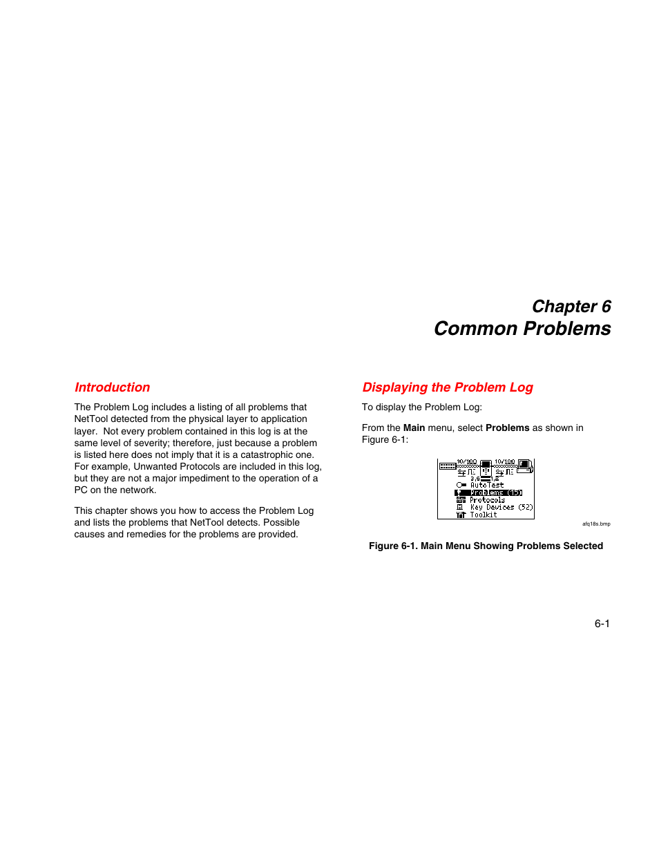 Common problems, Introduction, Displaying the problem log | Chapter 6 | Fluke Network Tester User Manual | Page 53 / 102