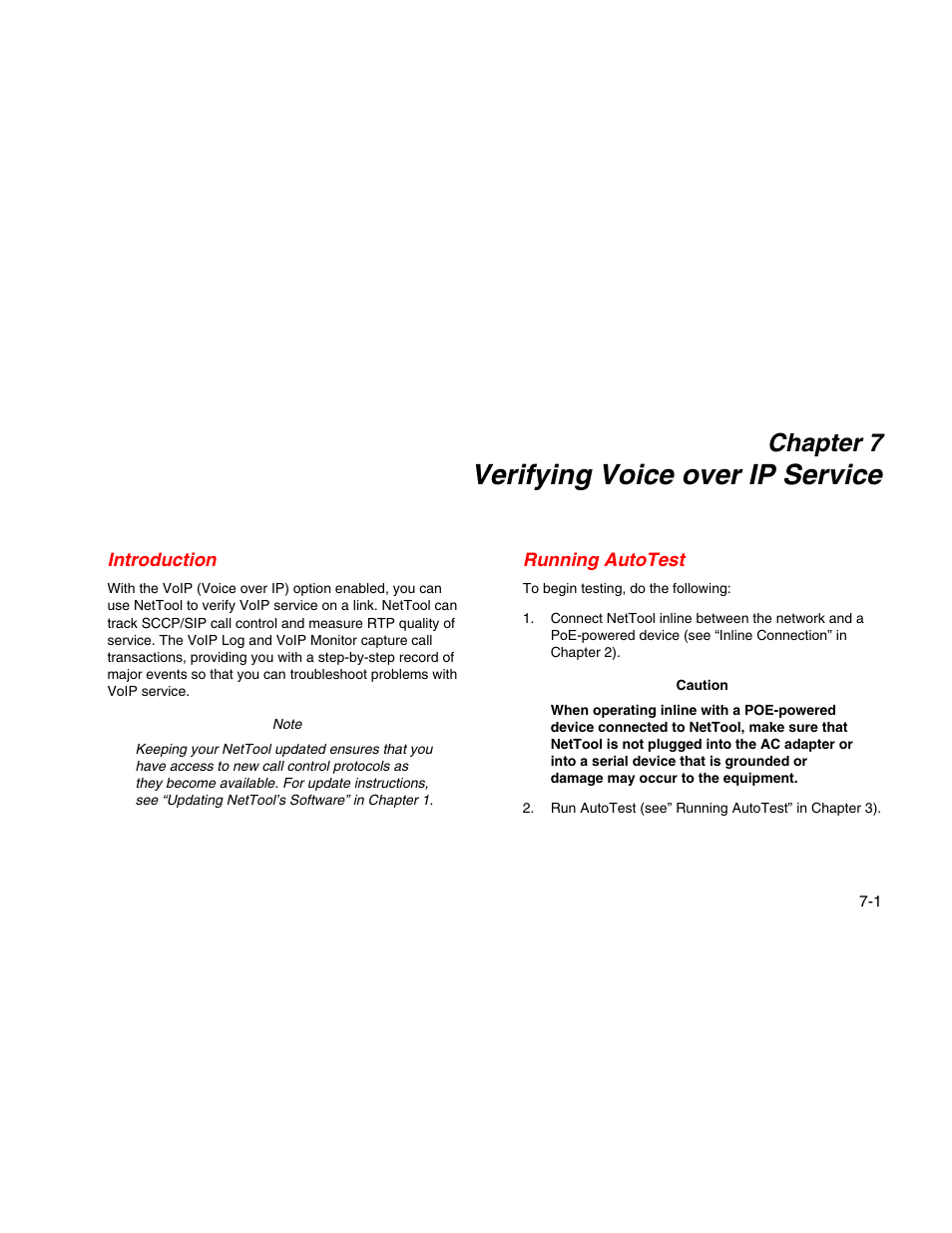 Verifying voice over ip service, Introduction, Running autotest | Chapter 7 | Fluke Network Tester User Manual | Page 65 / 102