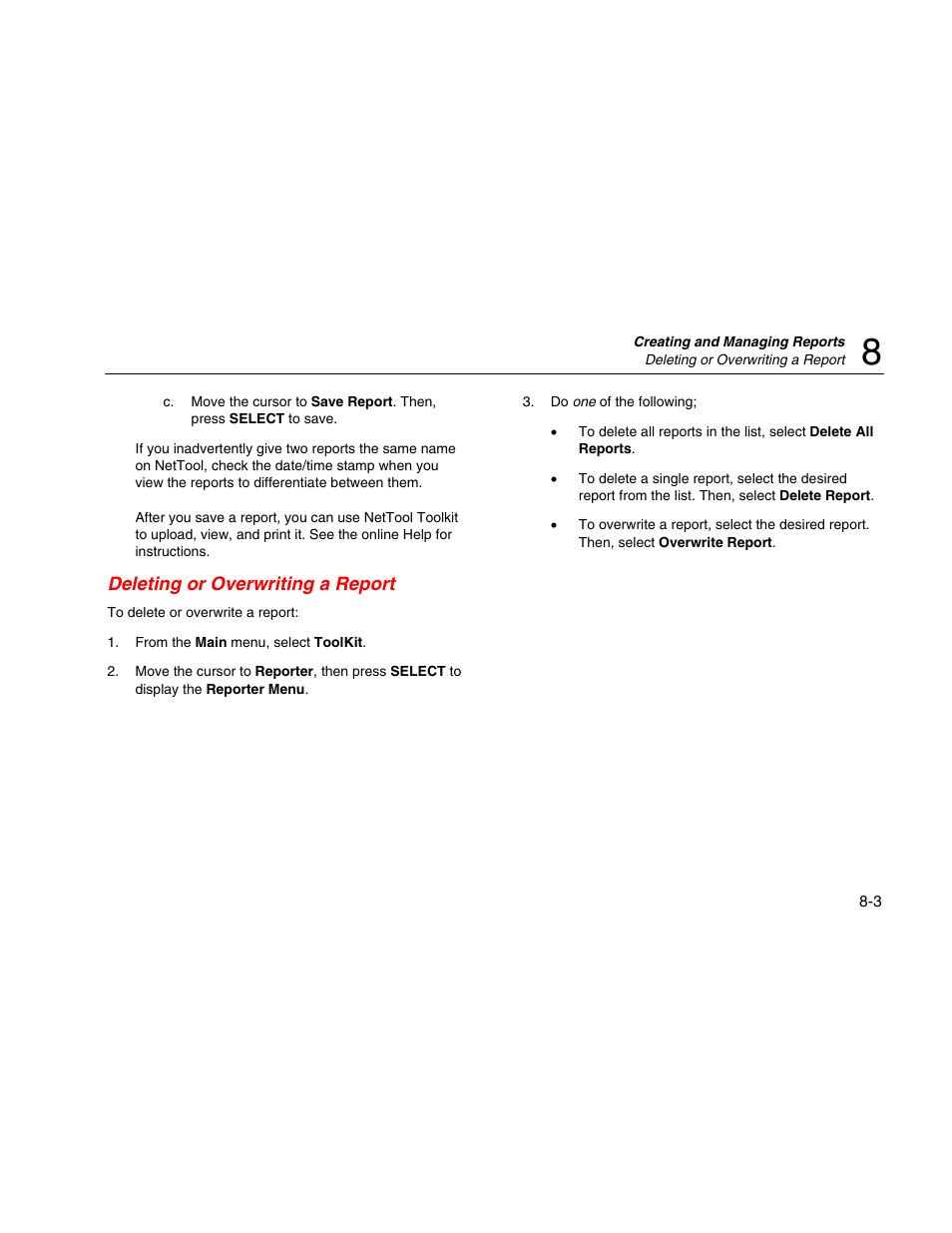 Deleting or overwriting a report | Fluke Network Tester User Manual | Page 71 / 102
