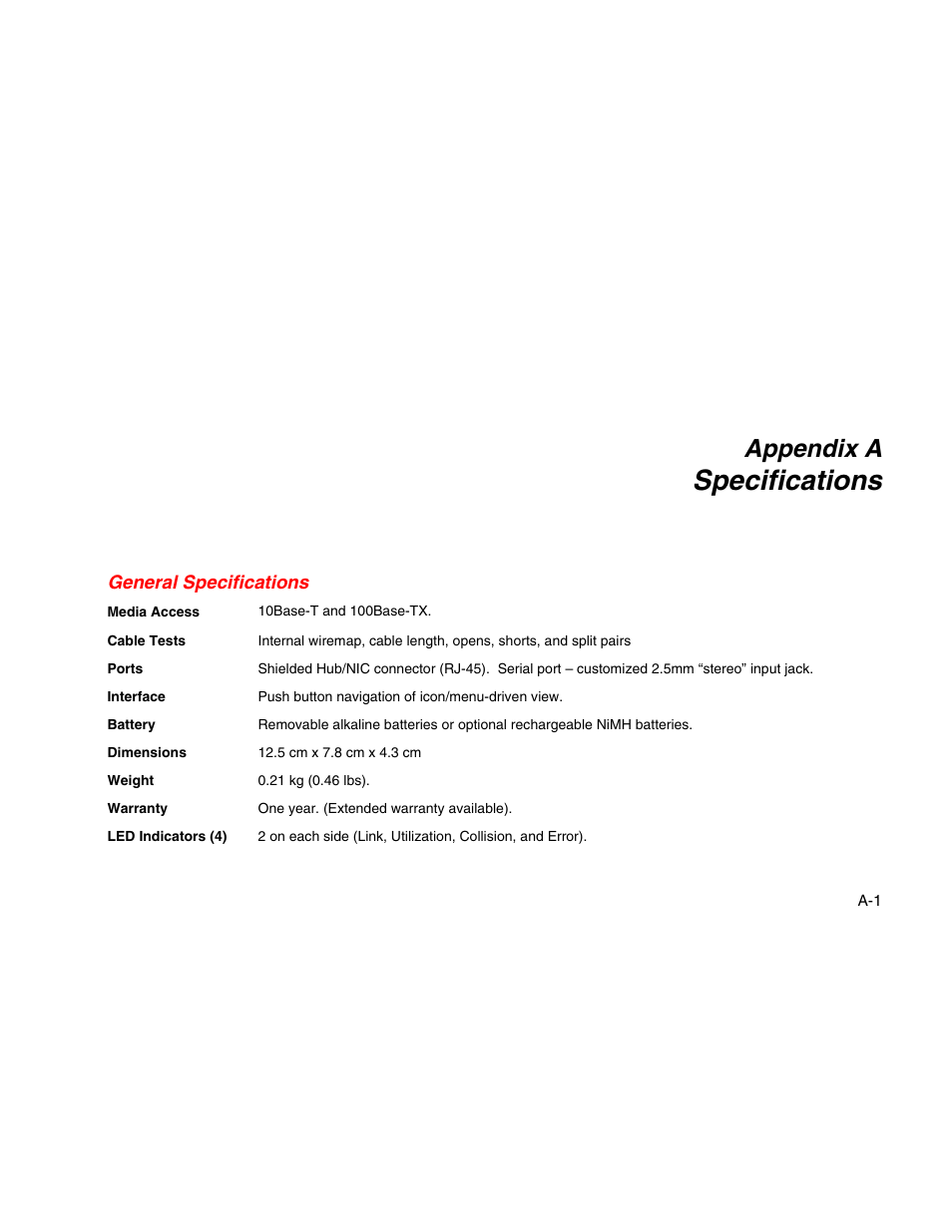 A. specifications, General specifications, Specifications | Appendix a | Fluke Network Tester User Manual | Page 75 / 102