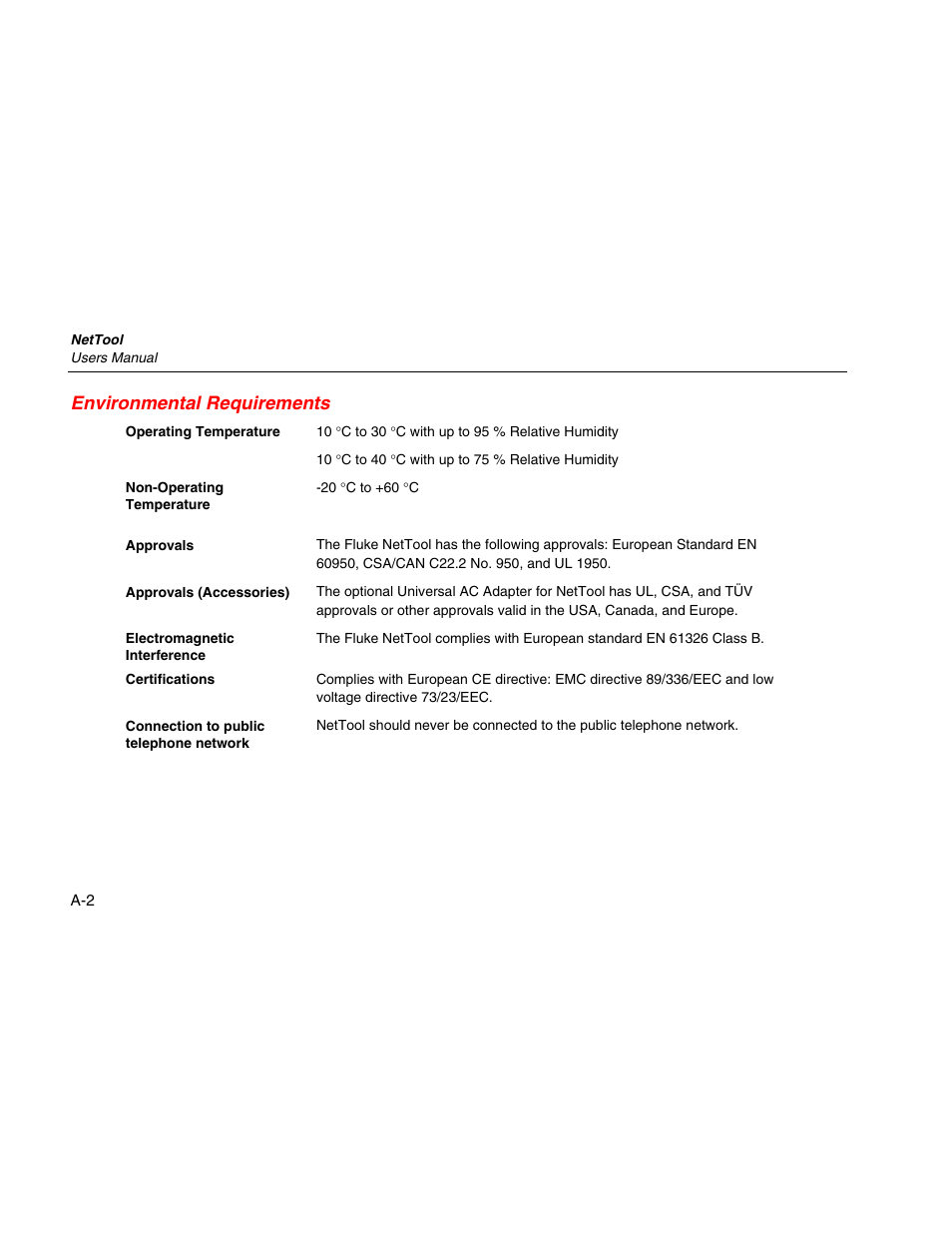 Environmental requirements | Fluke Network Tester User Manual | Page 76 / 102