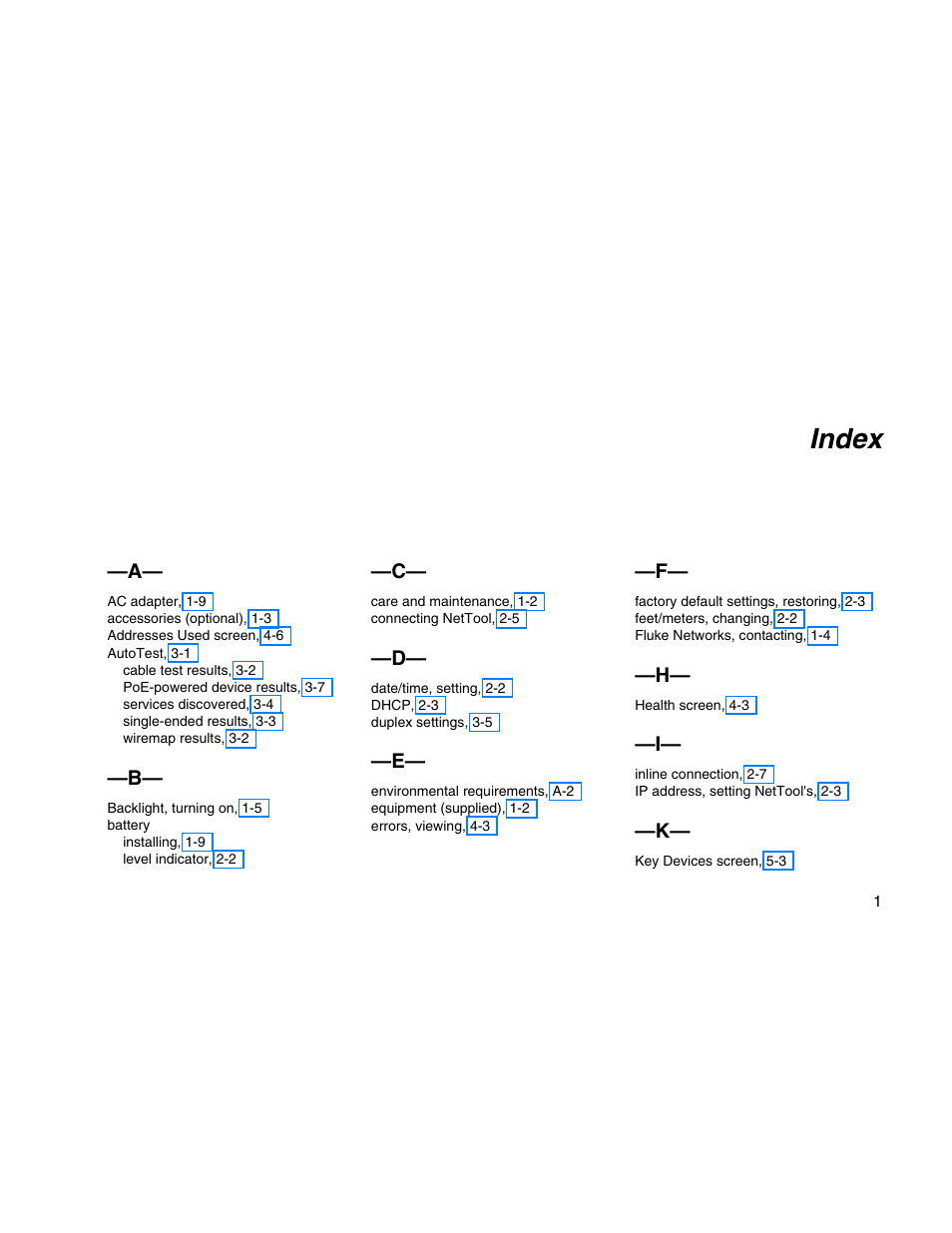 Index | Fluke Network Tester User Manual | Page 99 / 102