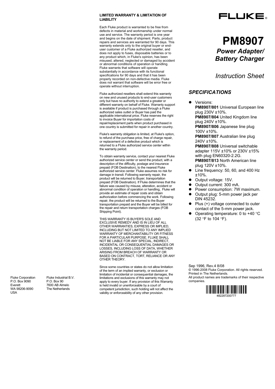 Fluke PM8907 User Manual | 2 pages