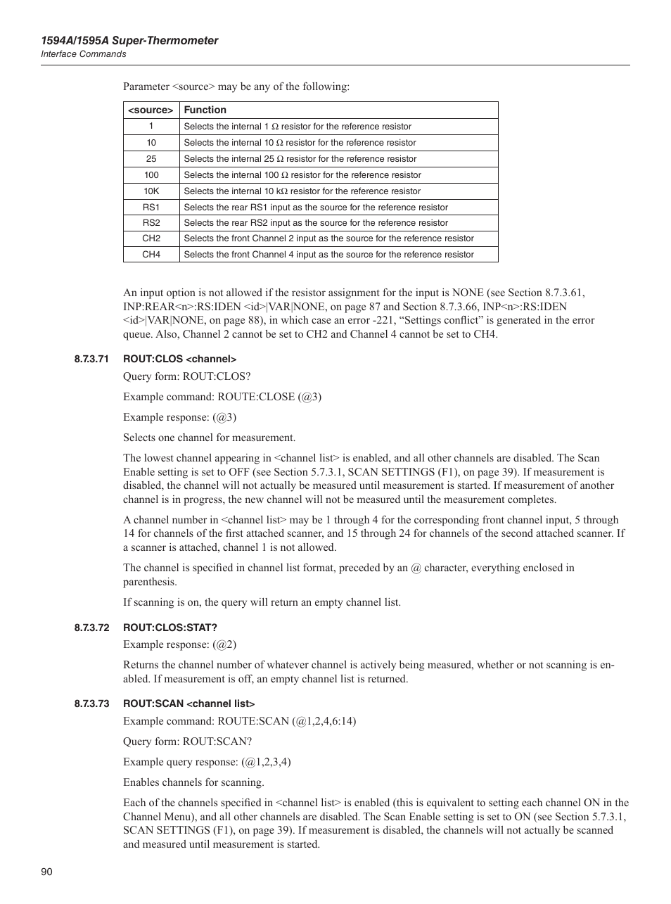 71 rout:clos <channel, 72 rout:clos:stat, 73 rout:scan <channel list | Rout:clos <channel, 72 rout:clos:stat? 8.7.3.73, Rout:scan <channel list | Fluke 1595A User Manual | Page 100 / 130