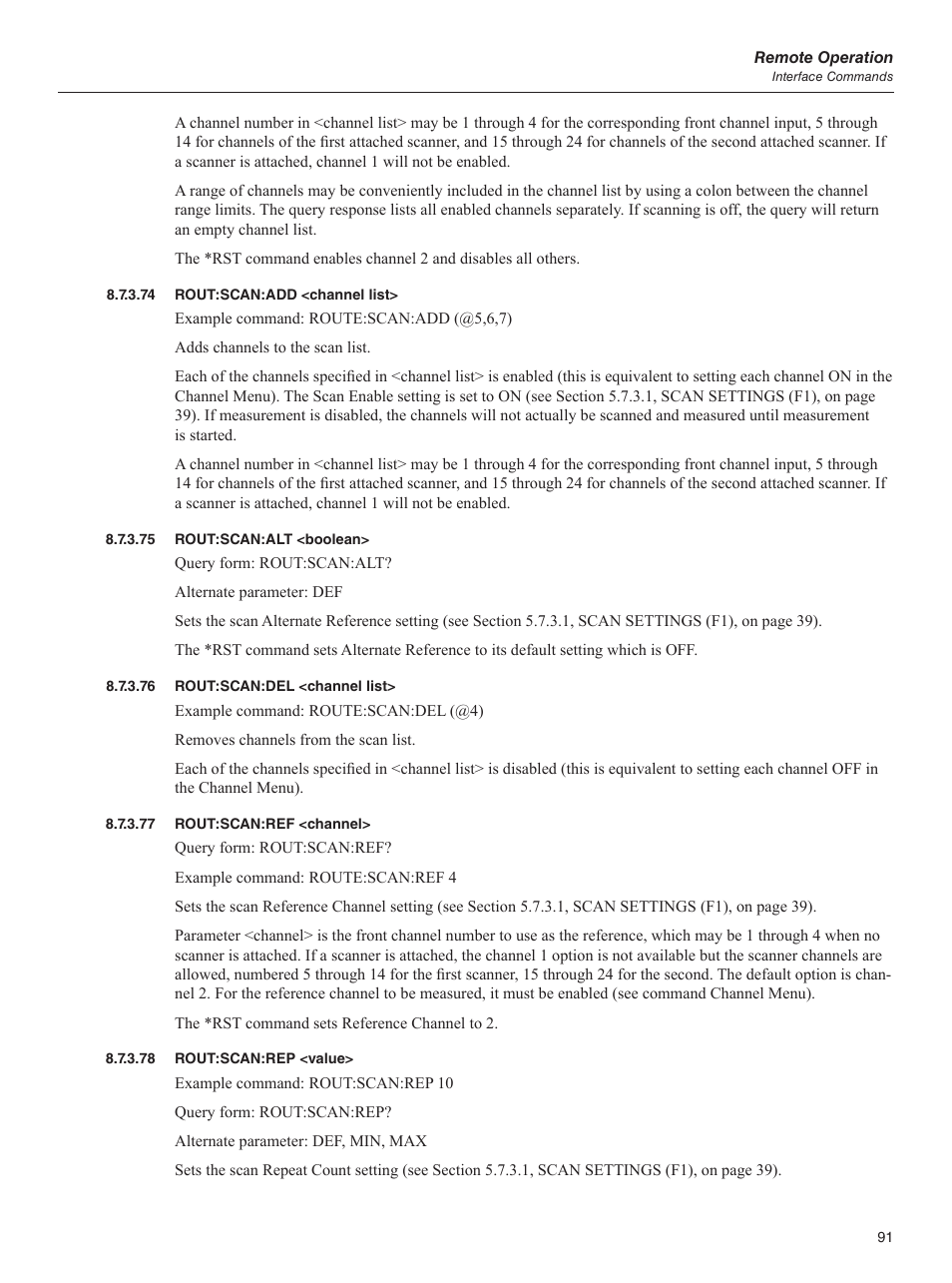 74 rout:scan:add <channel list, 75 rout:scan:alt <boolean, 76 rout:scan:del <channel list | 77 rout:scan:ref <channel, 78 rout:scan:rep <value, Rout:scan:add <channel list, Rout:scan:alt <boolean, Rout:scan:del <channel list, Rout:scan:ref <channel, Rout:scan:rep <value | Fluke 1595A User Manual | Page 101 / 130