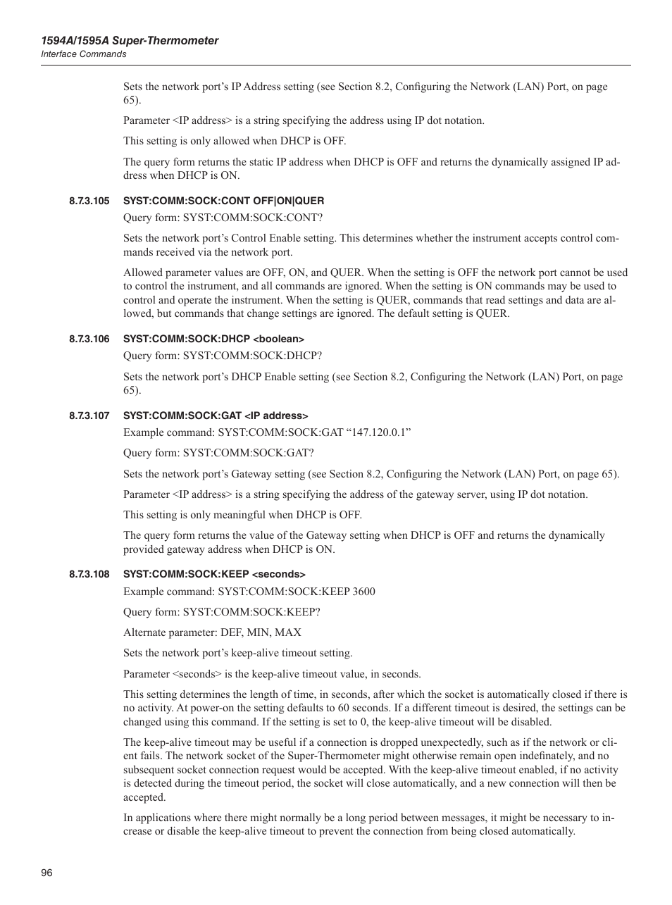 105 syst:comm:sock:cont off|on|quer, 106 syst:comm:sock:dhcp <boolean, 107 syst:comm:sock:gat <ip address | 108 syst:comm:sock:keep <seconds | Fluke 1595A User Manual | Page 106 / 130