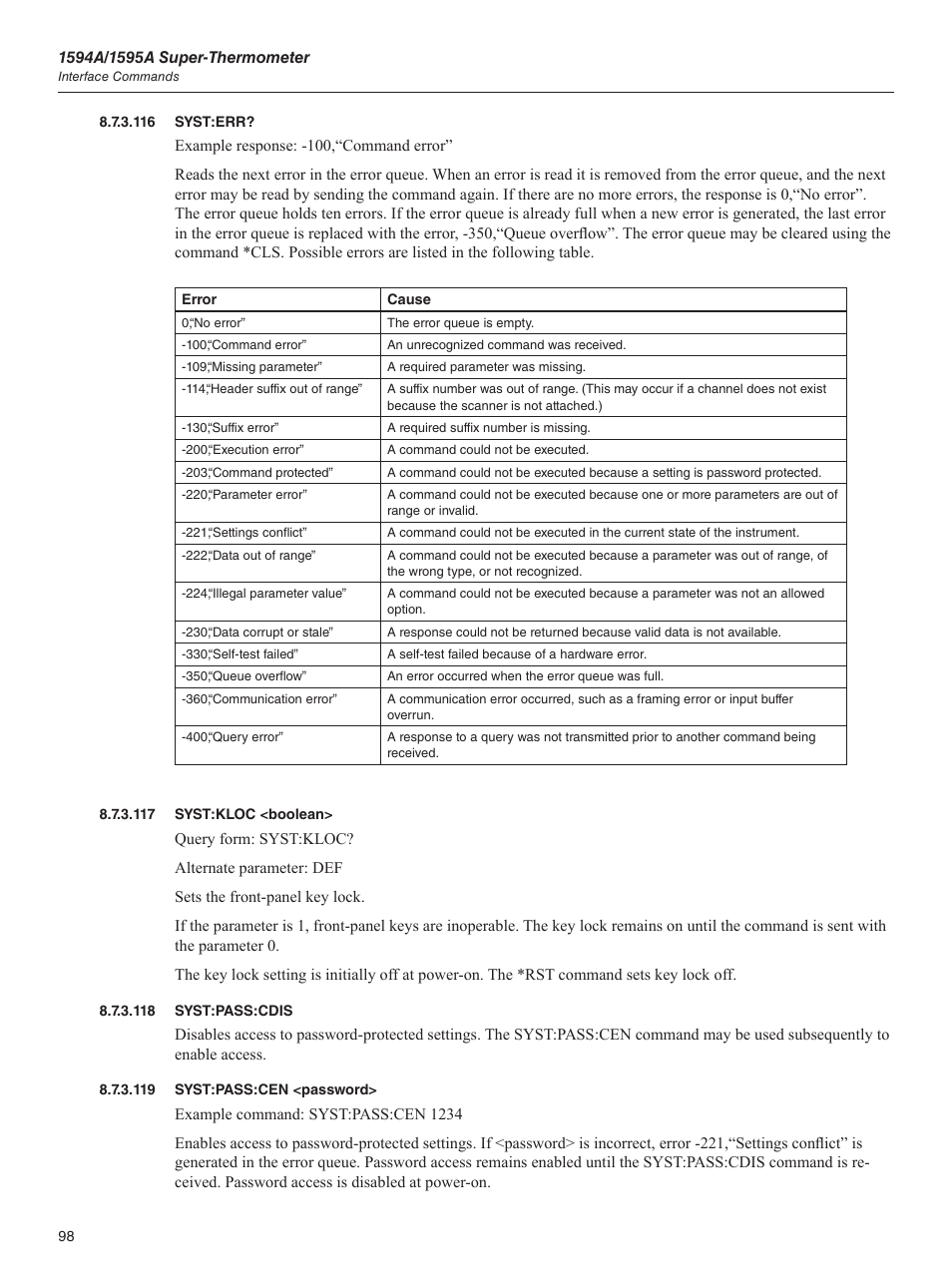 116 syst:err, 117 syst:kloc <boolean, 118 syst:pass:cdis | 119 syst:pass:cen <password | Fluke 1595A User Manual | Page 108 / 130
