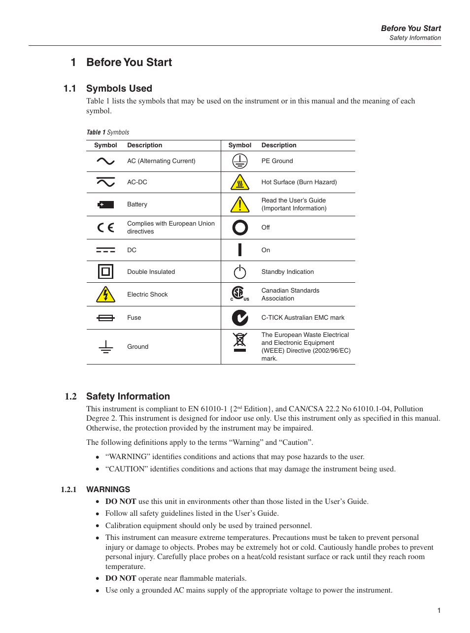1 before you start, 1 symbols used, 2 safety information | 1 warnings, Table 1 symbols, Before you start, 1 symbols used 1.2 safety information, Do not operate near flammable materials | Fluke 1595A User Manual | Page 11 / 130
