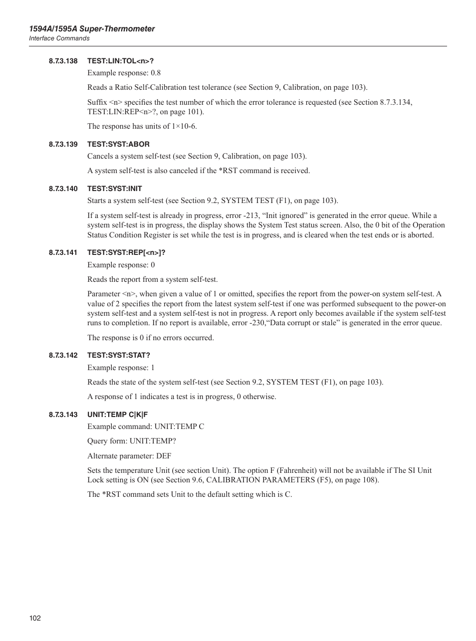 138 test:lin:tol<n, 139 test:syst:abor, 140 test:syst:init | 141 test:syst:rep[<n, 142 test:syst:stat, 143 unit:temp c|k|f | Fluke 1595A User Manual | Page 112 / 130