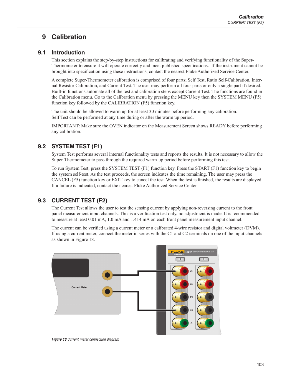 9 calibration, 1 introduction, 2 system test (f1) | 3 current test (f2), Figure 18 current meter connection diagram | Fluke 1595A User Manual | Page 113 / 130