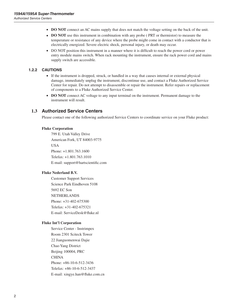 2 cautions, 3 authorized service centers | Fluke 1595A User Manual | Page 12 / 130