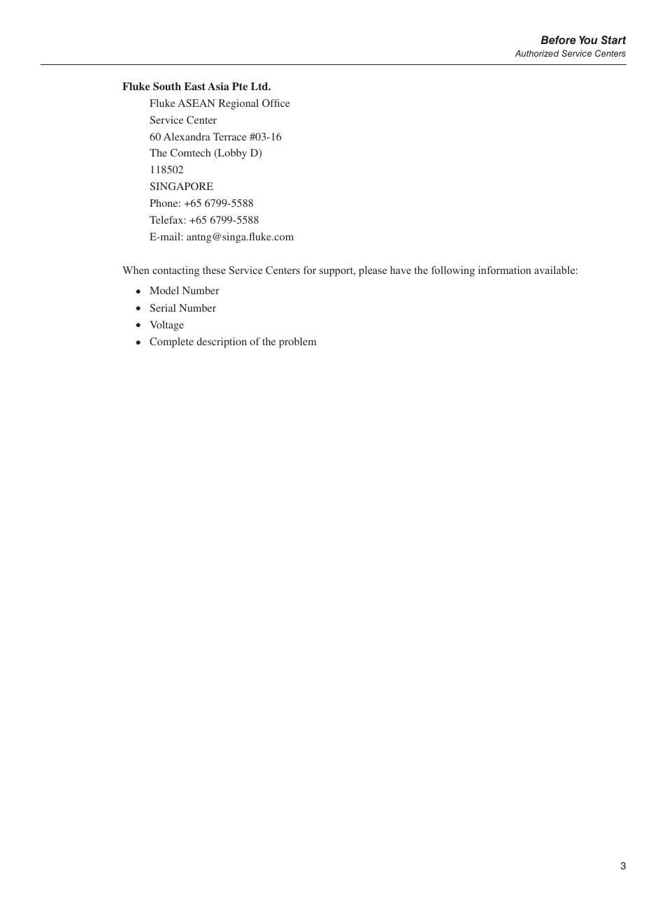 Before you start, Model number, Serial number | Voltage, Complete description of the problem | Fluke 1595A User Manual | Page 13 / 130