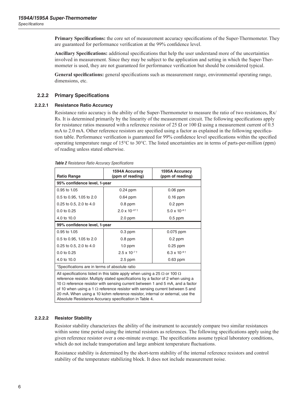 2 primary specifications, 1 resistance ratio accuracy, 2 resistor stability | Table 2 resistance ratio accuracy specifications, Resistance ratio accuracy, Resistor stability | Fluke 1595A User Manual | Page 16 / 130