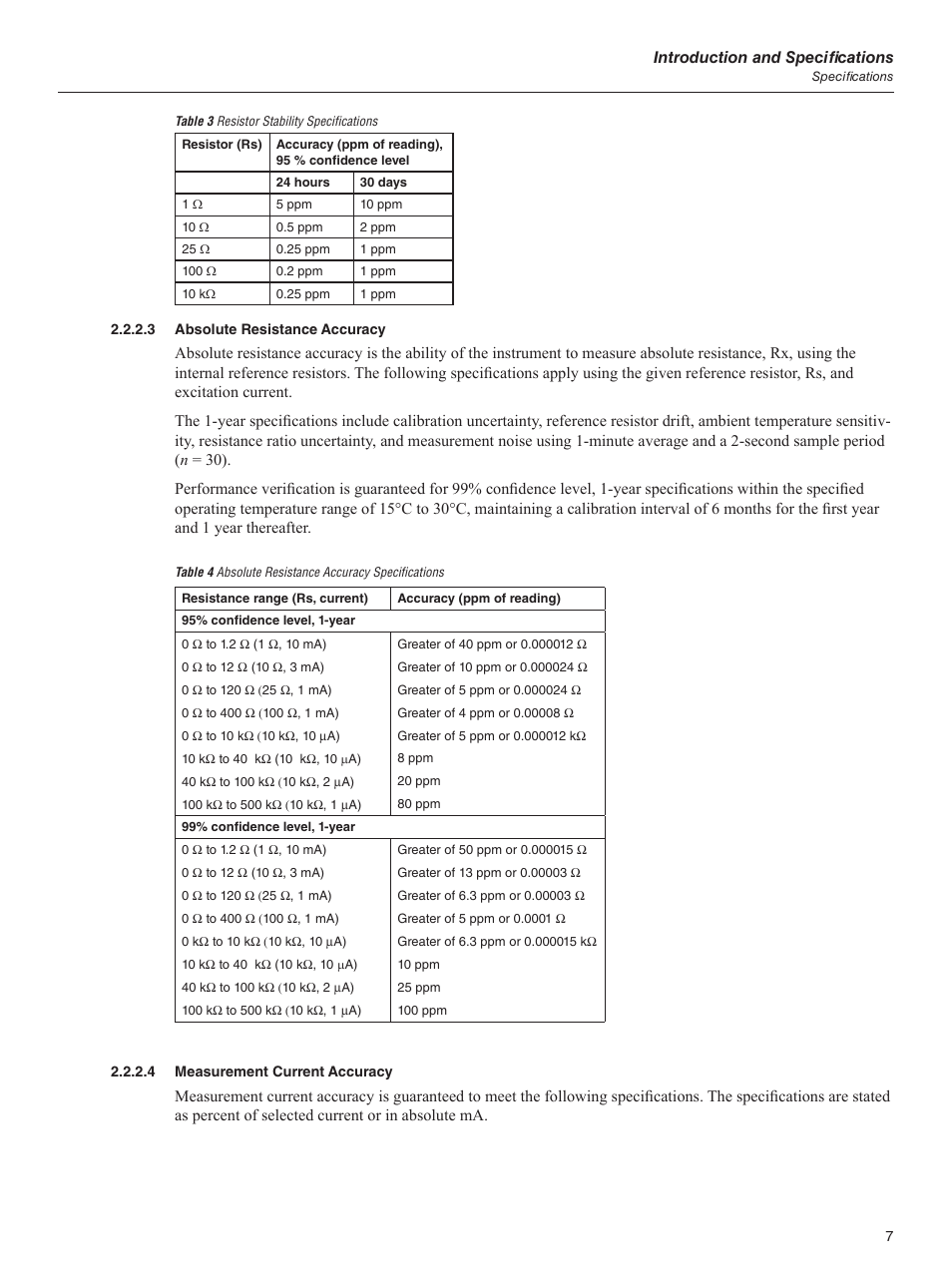 3 absolute resistance accuracy, 4 measurement current accuracy, Table 3 resistor stability specifications | Absolute resistance accuracy, Measurement current accuracy, Introduction and specifications | Fluke 1595A User Manual | Page 17 / 130