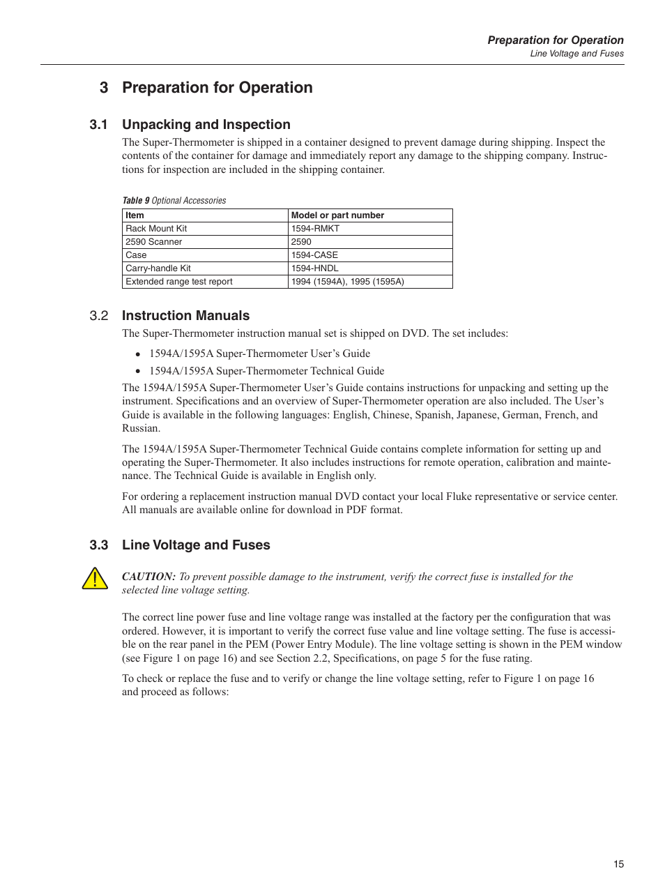 3 preparation for operation, 1 unpacking and inspection, 2 instruction manuals | 3 line voltage and fuses, Table 9 optional accessories | Fluke 1595A User Manual | Page 25 / 130