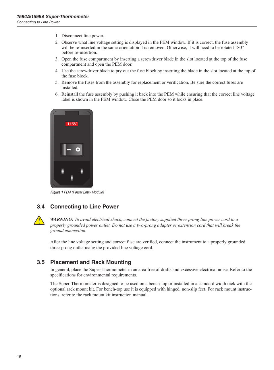 4 connecting to line power, 5 placement and rack mounting, Figure 1 pem (power entry module) | Fluke 1595A User Manual | Page 26 / 130