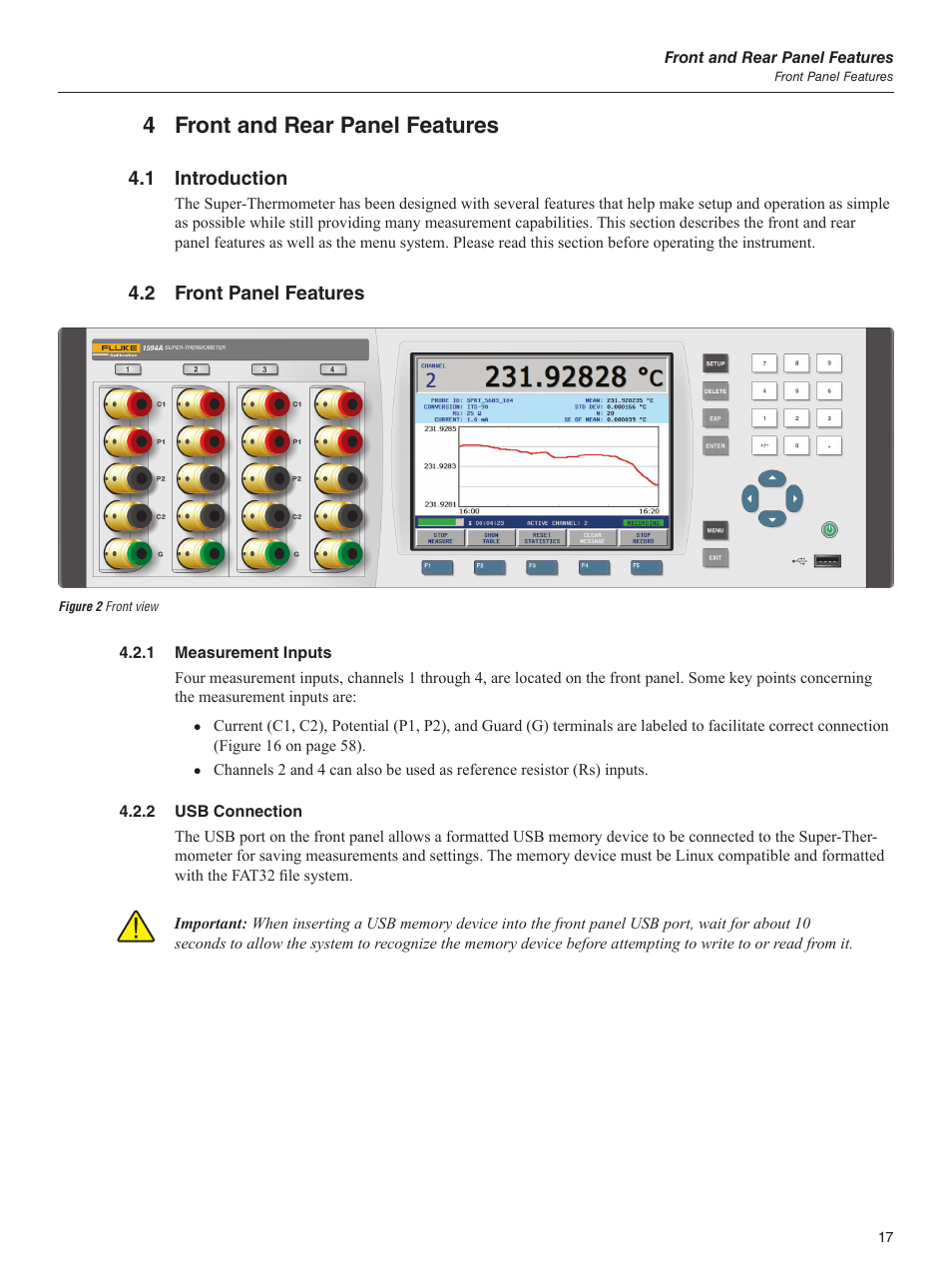 4 front and rear panel features, 1 introduction, 2 front panel features | 1 measurement inputs, 2 usb connection, Figure 2 front view, 1 introduction 4.2 front panel features, 1 measurement inputs 4.2.2 usb connection | Fluke 1595A User Manual | Page 27 / 130