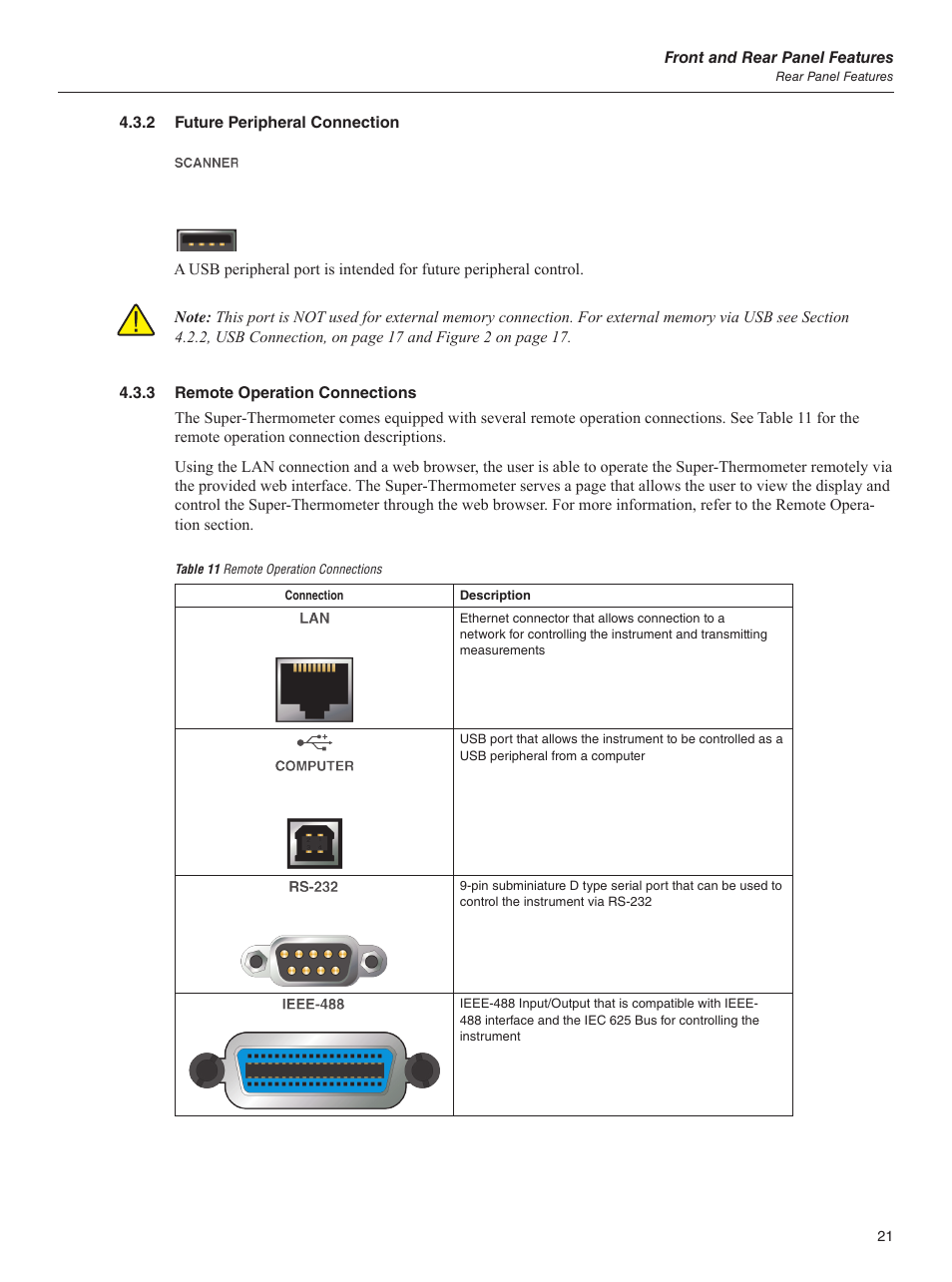 2 future peripheral connection, 3 remote operation connections, Table 11 remote operation connections | Fluke 1595A User Manual | Page 31 / 130