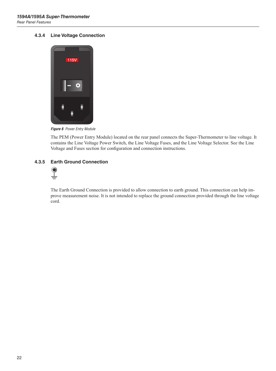 4 line voltage connection, 5 earth ground connection, Figure 6 power entry module | Fluke 1595A User Manual | Page 32 / 130
