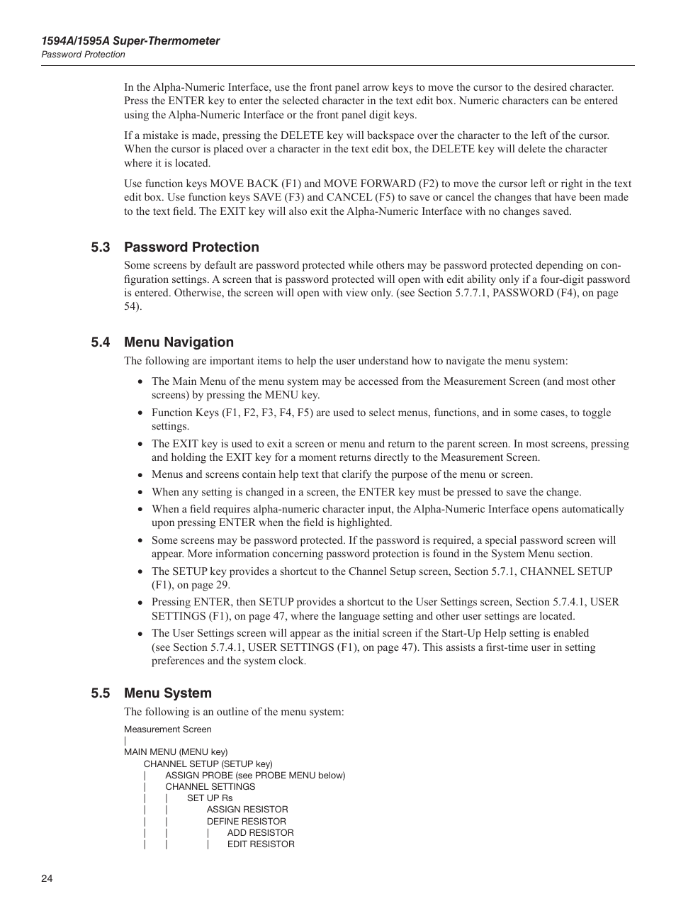 3 password protection, 4 menu navigation, 5 menu system | Fluke 1595A User Manual | Page 34 / 130