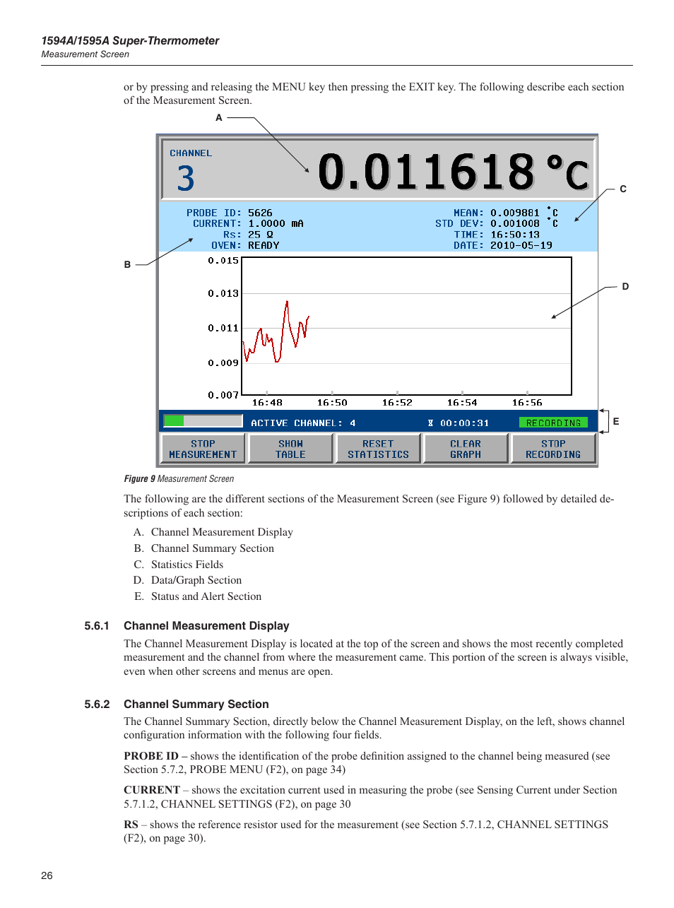 1 channel measurement display, 2 channel summary section, Figure 9 measurement screen | Fluke 1595A User Manual | Page 36 / 130