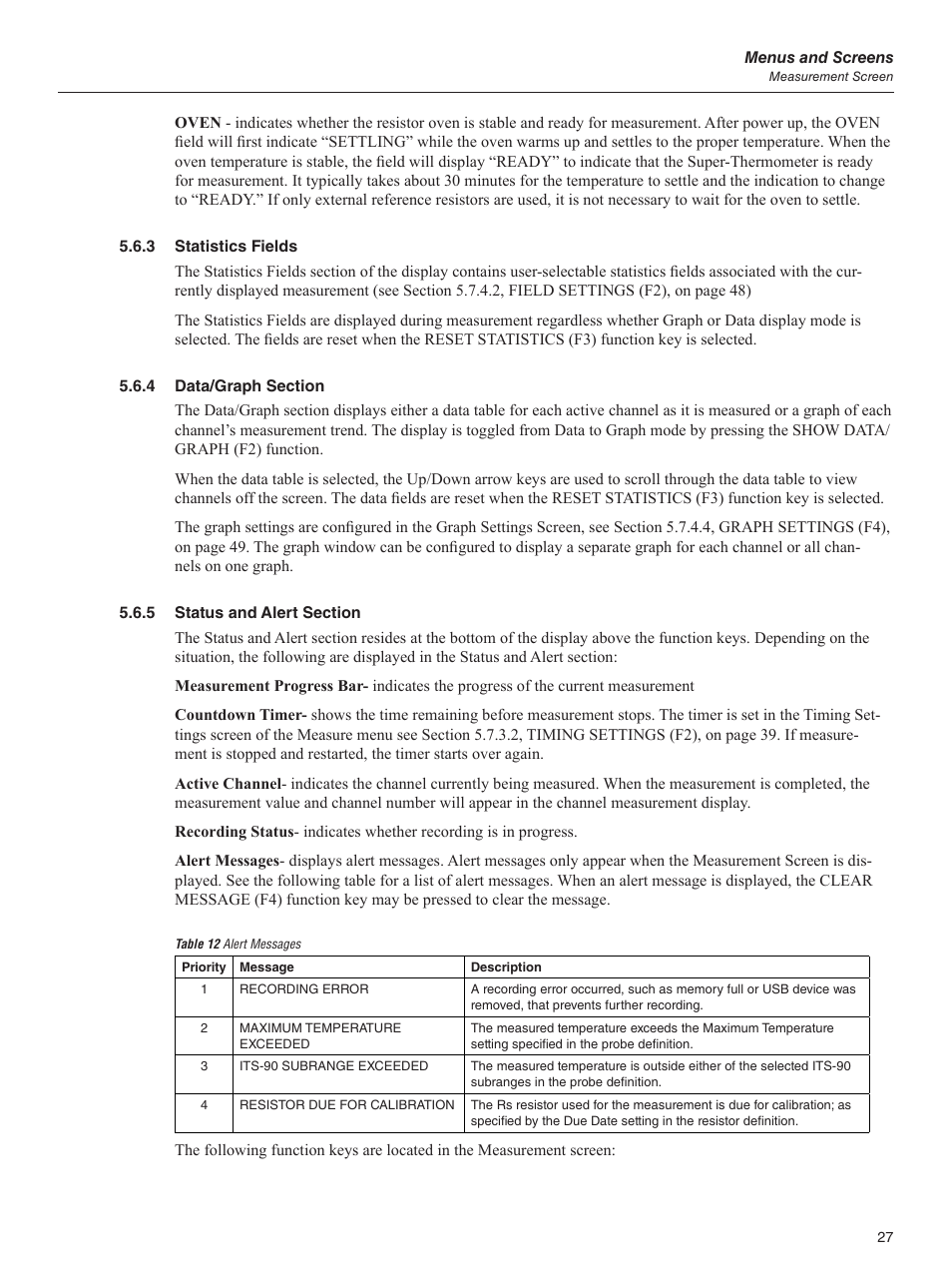 3 statistics fields, 4 data/graph section, 5 status and alert section | Table 12 alert messages | Fluke 1595A User Manual | Page 37 / 130