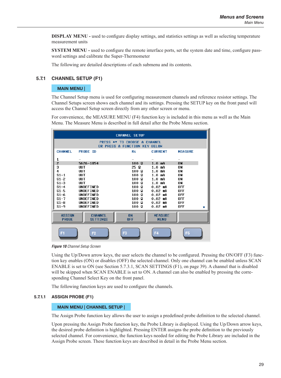 1 channel setup (f1), 1 assign probe (f1), Figure 10 channel setup screen | Assign probe (f1) | Fluke 1595A User Manual | Page 39 / 130