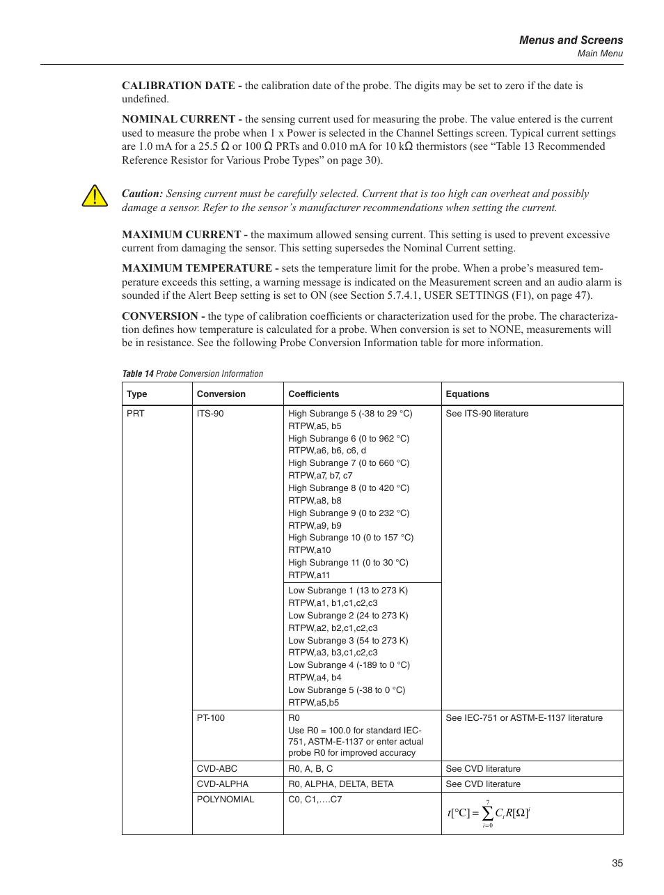 Table 14 probe conversion information | Fluke 1595A User Manual | Page 45 / 130