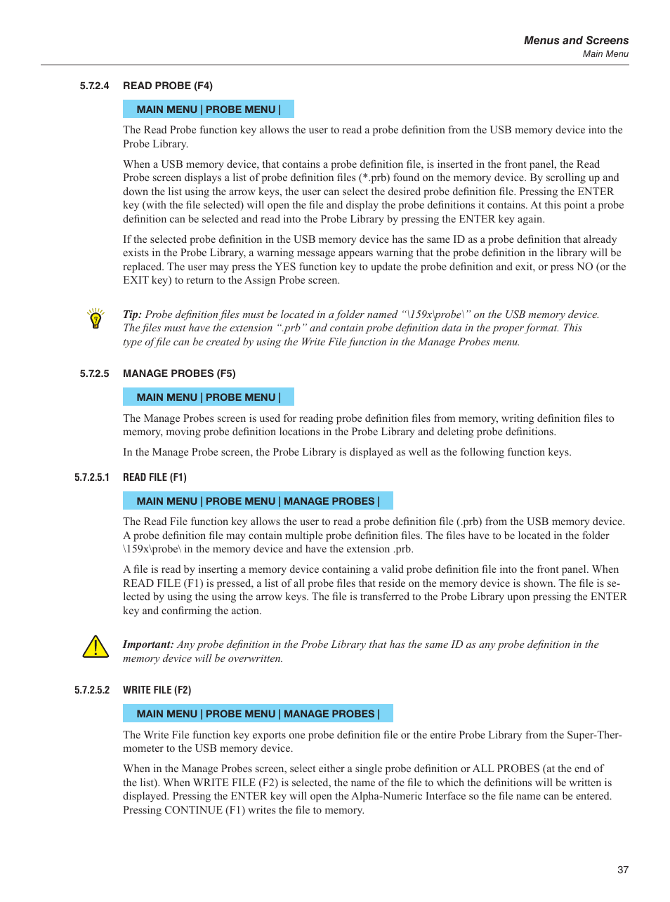 4 read probe (f4), 5 manage probes (f5), Read probe (f4) | Manage probes (f5) | Fluke 1595A User Manual | Page 47 / 130