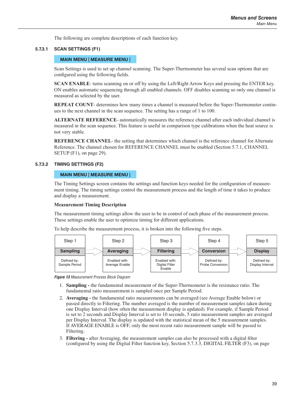1 scan settings (f1), 2 timing settings (f2), Figure 13 measurement process block diagram | Scan settings (f1), Timing settings (f2) | Fluke 1595A User Manual | Page 49 / 130