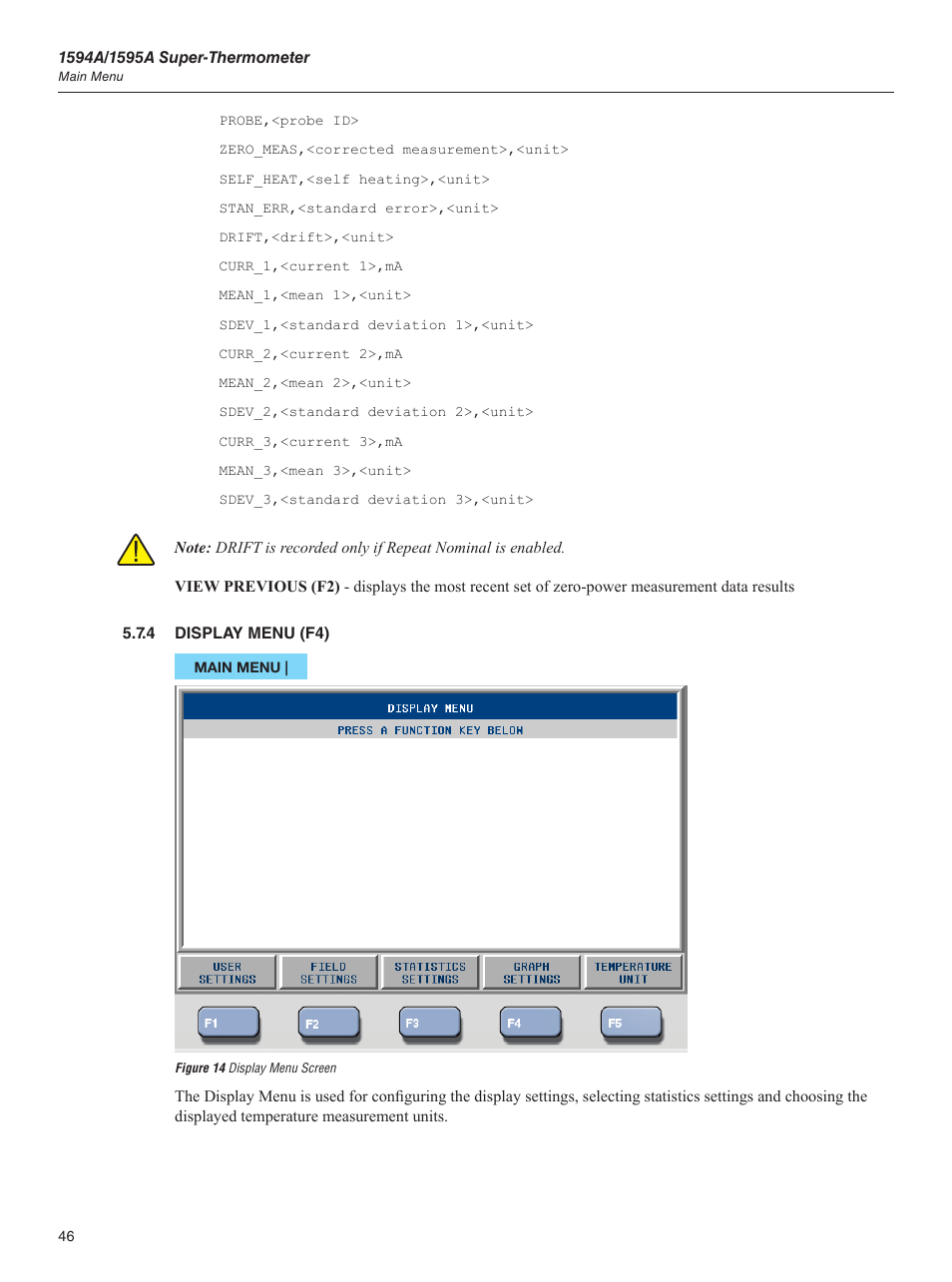 4 display menu (f4), Figure 14 display menu screen | Fluke 1595A User Manual | Page 56 / 130