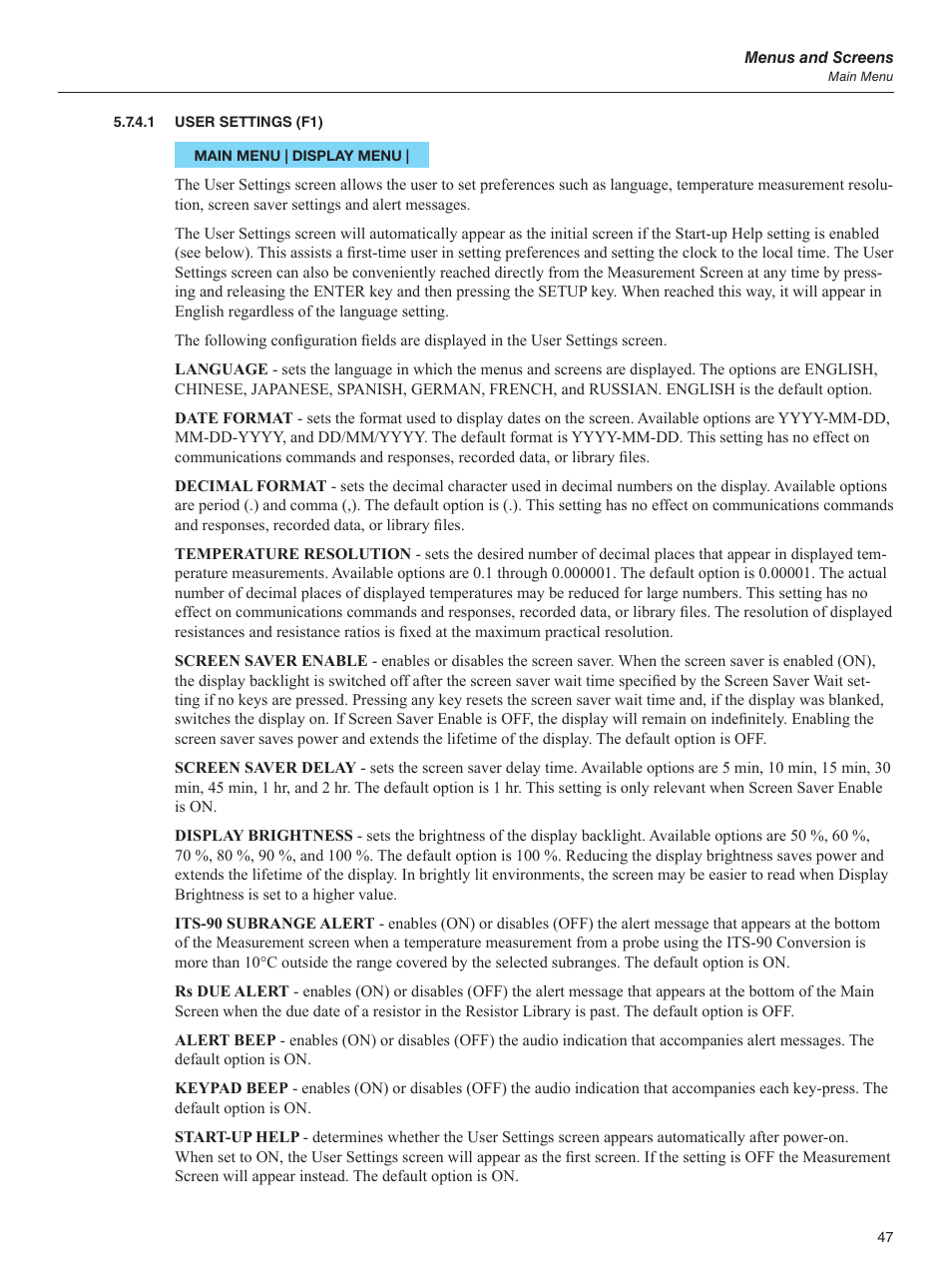 1 user settings (f1), User settings (f1) | Fluke 1595A User Manual | Page 57 / 130