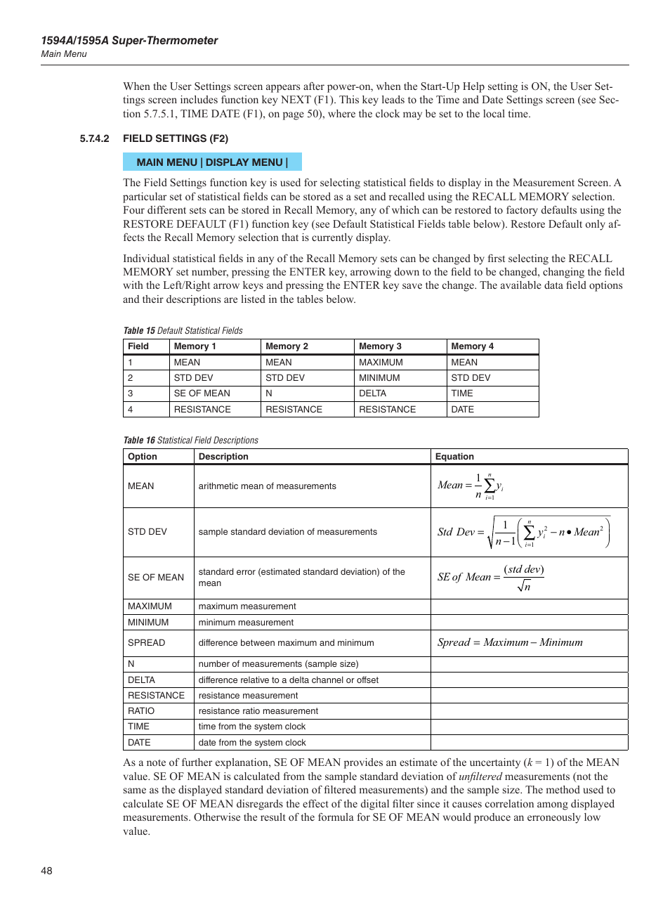 2 field settings (f2), Table 15 default statistical fields, Table 16 statistical field descriptions | Field settings (f2) | Fluke 1595A User Manual | Page 58 / 130