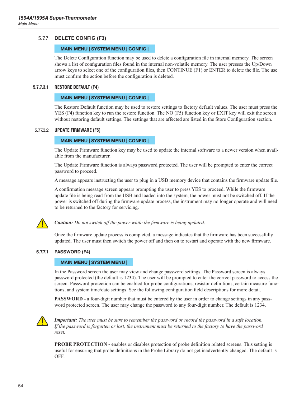 7 delete config (f3), 1 password (f4), Password (f4) | Fluke 1595A User Manual | Page 64 / 130