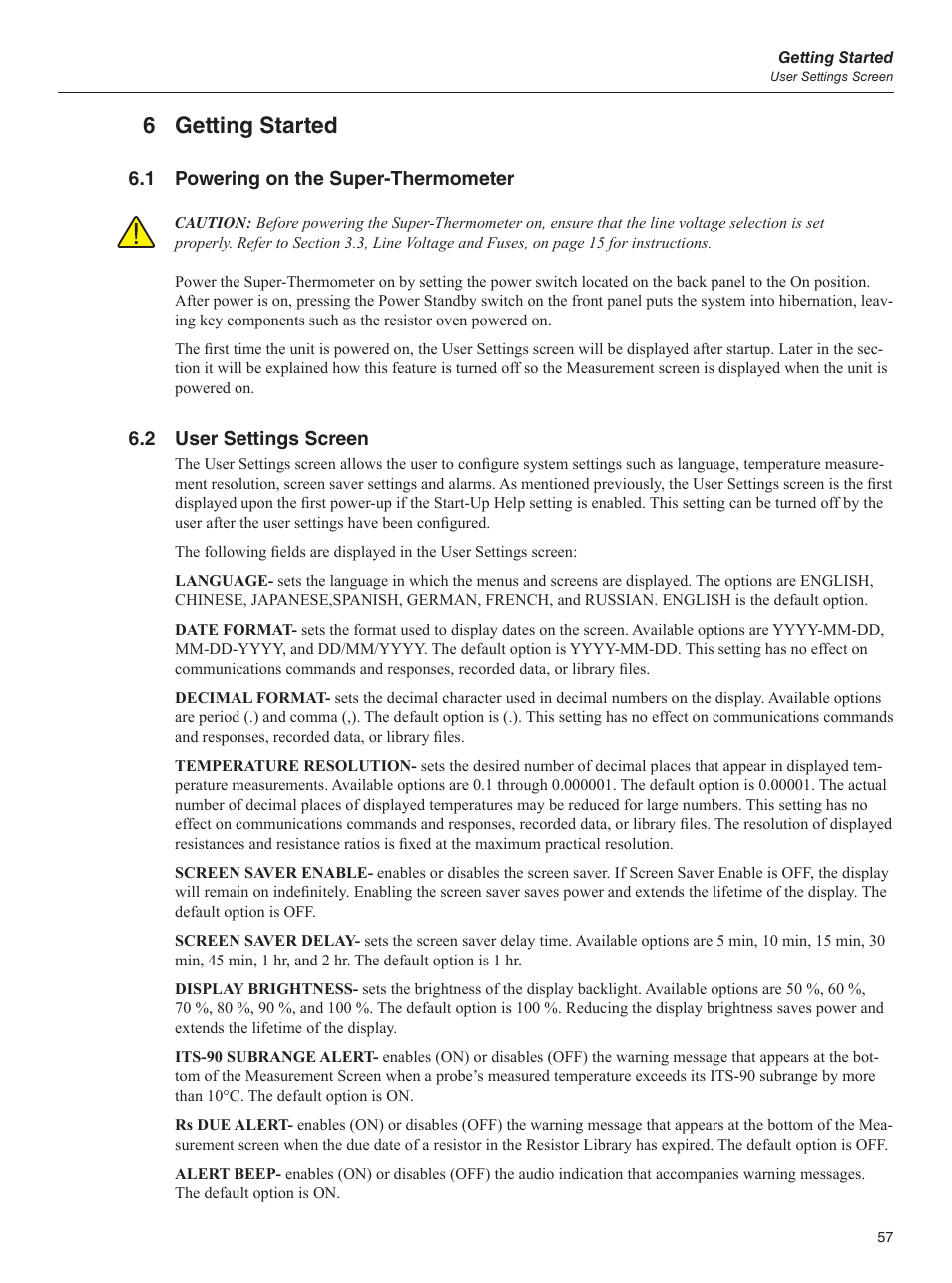6 getting started, 1 powering on the super-thermometer, 2 user settings screen | Fluke 1595A User Manual | Page 67 / 130