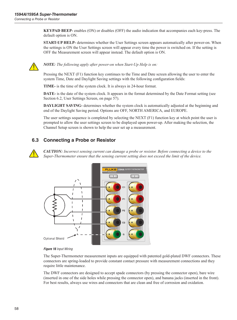3 connecting a probe or resistor, Figure 16 input wiring | Fluke 1595A User Manual | Page 68 / 130