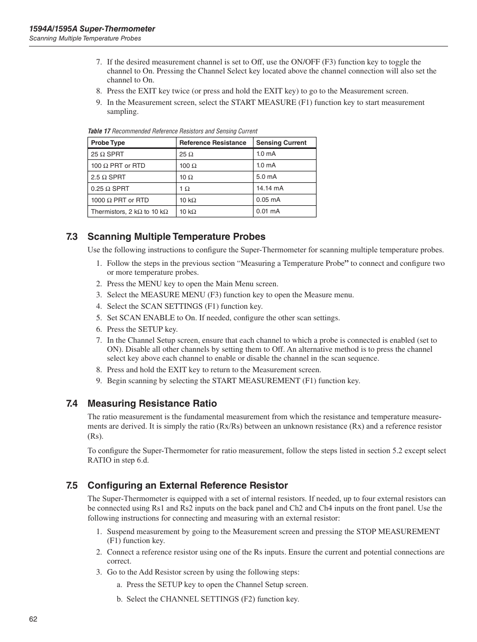 3 scanning multiple temperature probes, 4 measuring resistance ratio, 5 configuring an external reference resistor | Fluke 1595A User Manual | Page 72 / 130