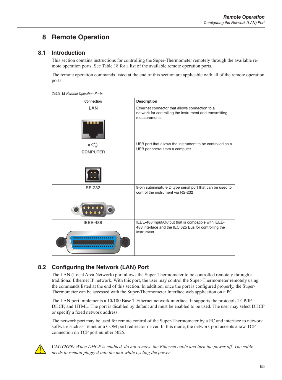 8 remote operation, 1 introduction, 2 configuring the network (lan) port | Table 18 remote operation ports | Fluke 1595A User Manual | Page 75 / 130