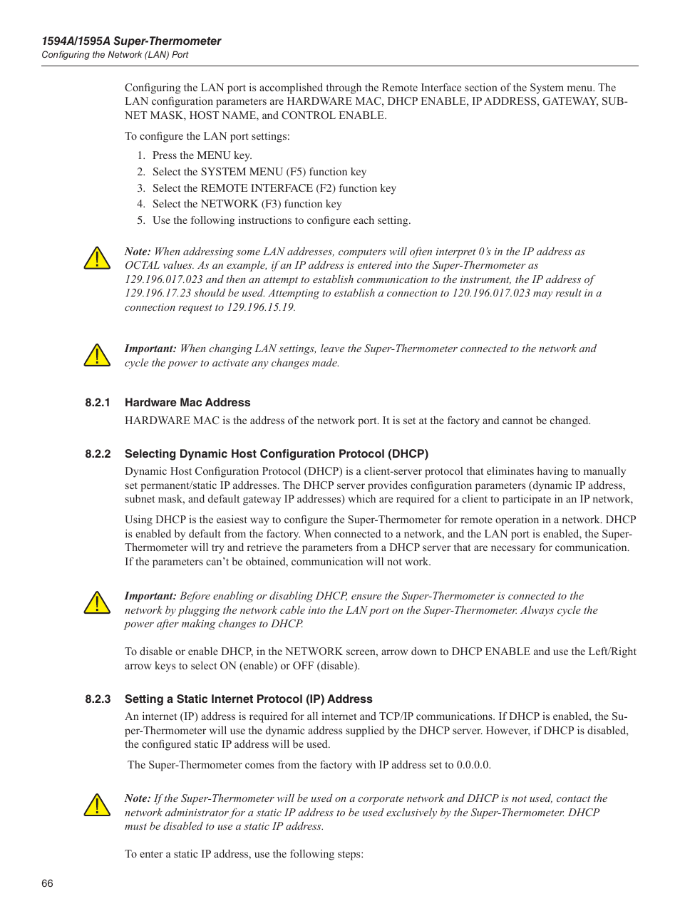 1 hardware mac address, 3 setting a static internet protocol (ip) address | Fluke 1595A User Manual | Page 76 / 130