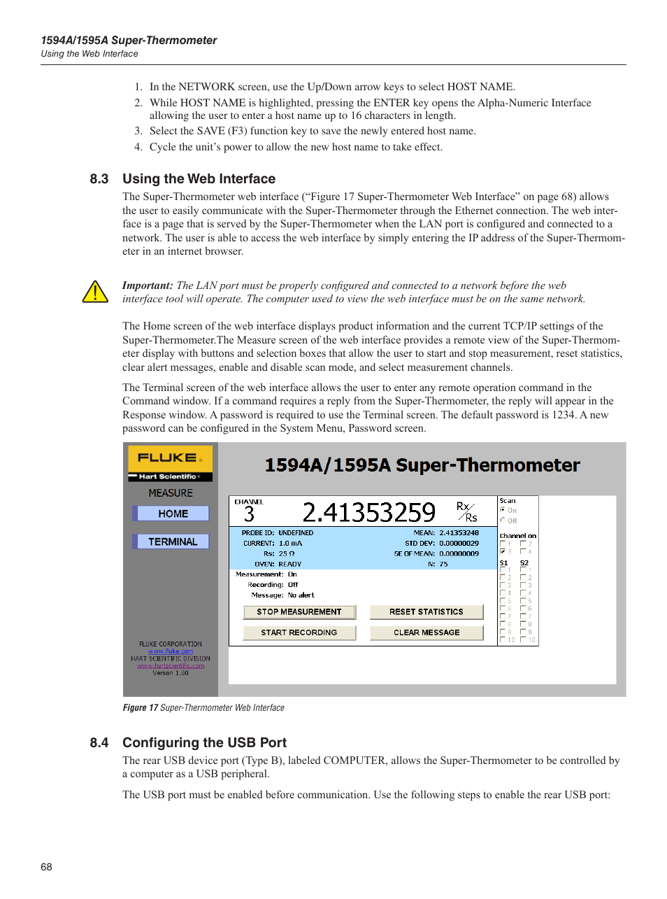3 using the web interface, 4 configuring the usb port, Figure 17 super-thermometer web interface | Fluke 1595A User Manual | Page 78 / 130