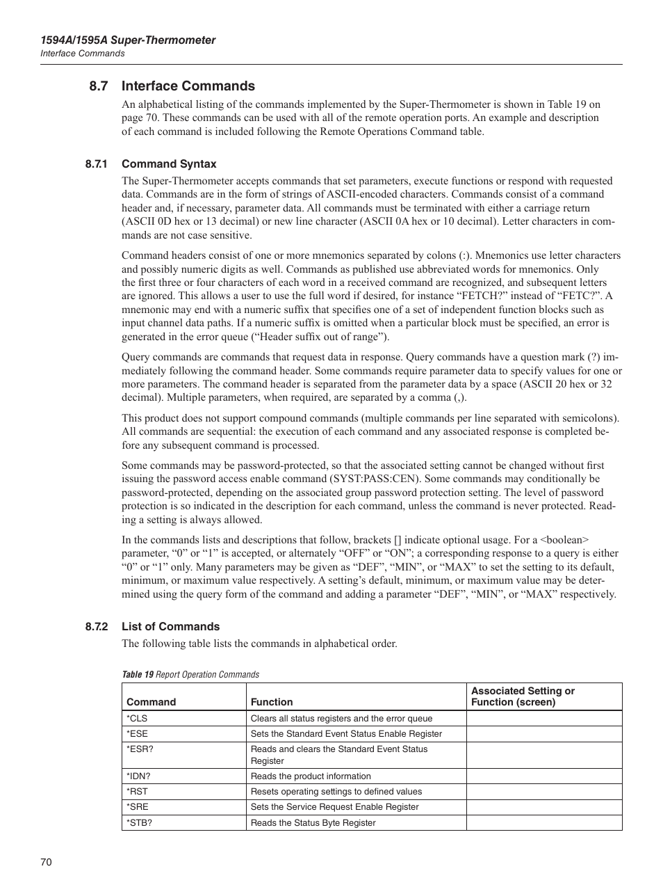 7 interface commands, 1 command syntax, 2 list of commands | Table 19 report operation commands, 1 command syntax 8.7.2 list of commands | Fluke 1595A User Manual | Page 80 / 130