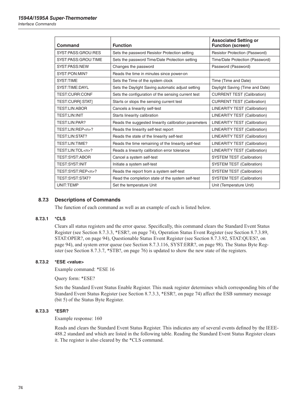 3 descriptions of commands, 1 *cls, 2 *ese <value | 3 *esr, 1 *cls 8.7.3.2, Ese <value | Fluke 1595A User Manual | Page 84 / 130