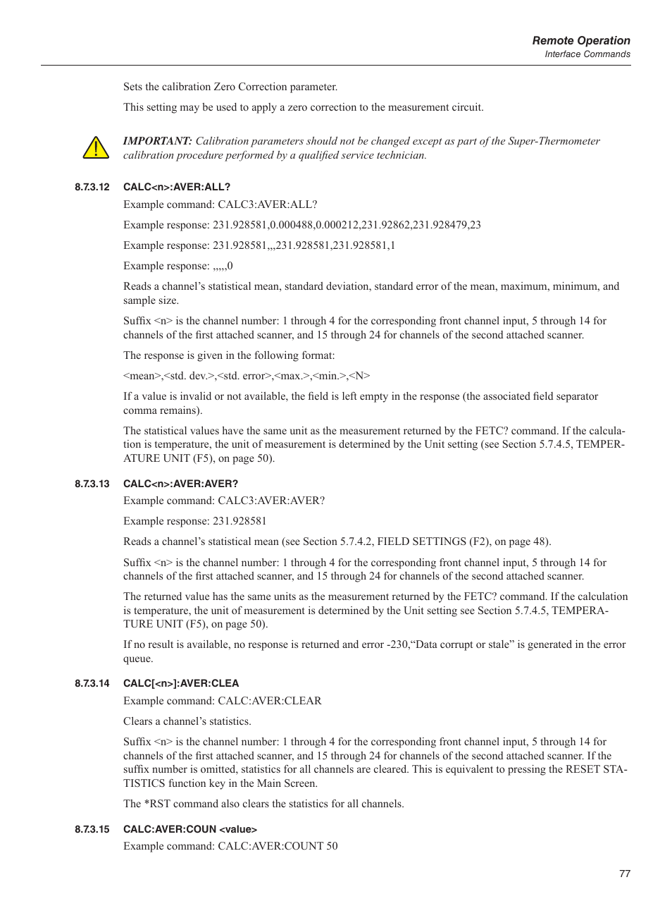 12 calc<n>:aver:all, 13 calc<n>:aver:aver, 14 calc[<n>]:aver:clea | 15 calc:aver:coun <value, Calc:aver:coun <value | Fluke 1595A User Manual | Page 87 / 130